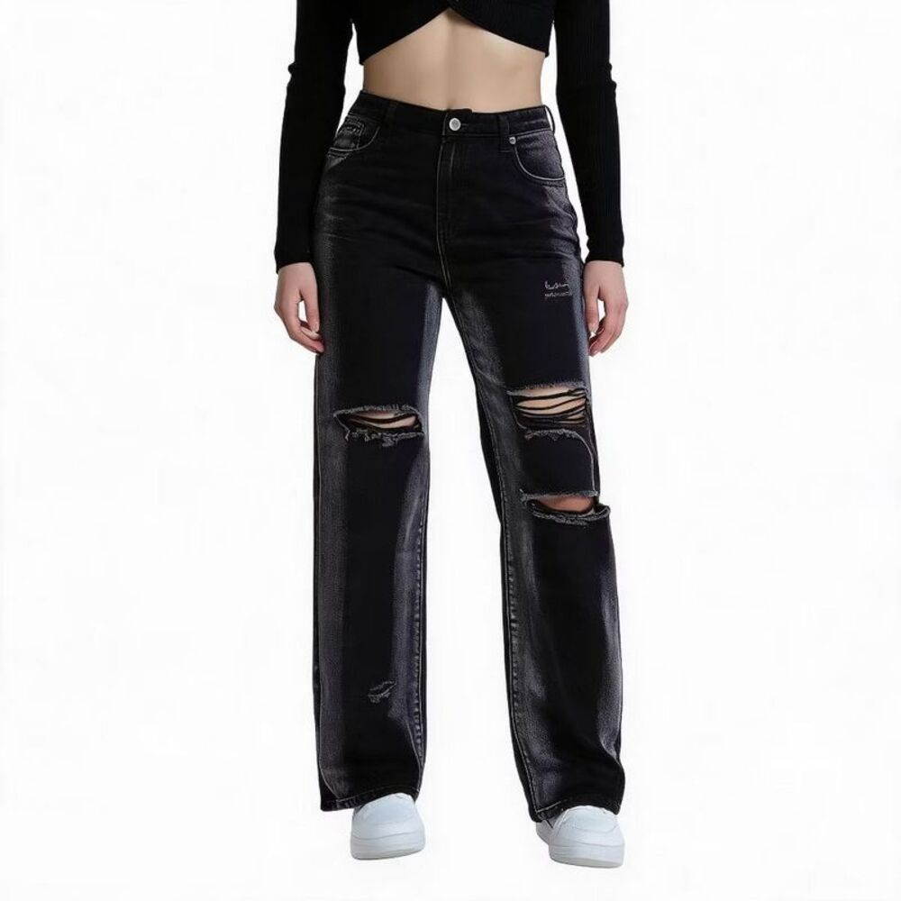 Women's High Waist Ripped Color Block Wide Leg Denim Jeans - Black S